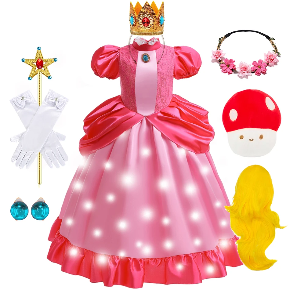 Girls Peach Cosplay Princess Dress Kids Birthday Festival Party Costume Children Pink Stage Performance Halloween Apparel