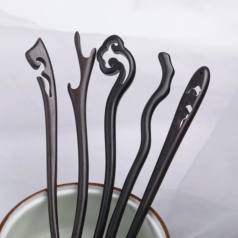 Vintage Vinatge Black Wood Bridal Hair Sticks For Women Hair Ornaments Ethnic Wooden Hair Pins Clips Head Jewelry Accessories
