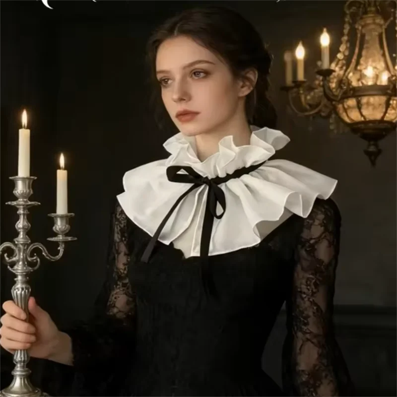 Vintage Victorian Ruffle Stand False Collar with Ribbon Tie Women Elegant Pleated Detachable Neck Ruff Decorative Shawl Cape 1