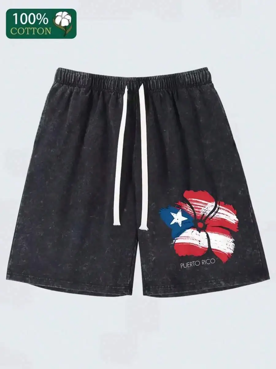 Mens Washed Black Loose Casual Shorts With Puerto Rico Flag Flower Print