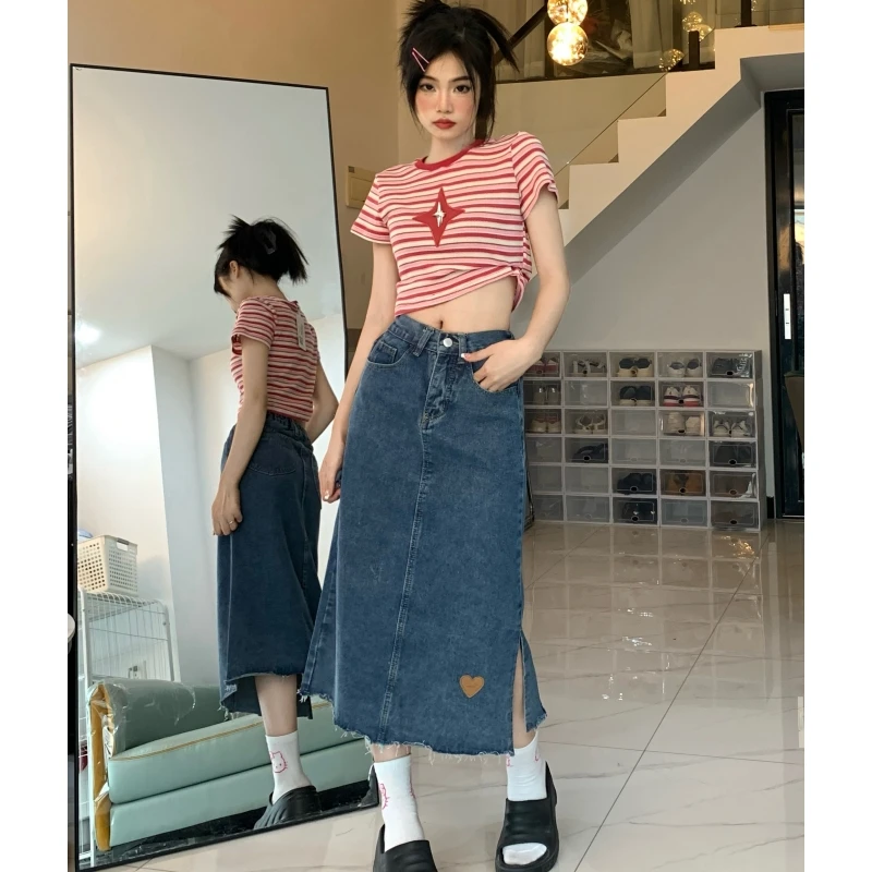 

2023 Summer Vintage Blue Women Y2K Denim Trumpet Skirt Streetwear Style NEW Casual Irregular High Waist Female Long Jean Skirt