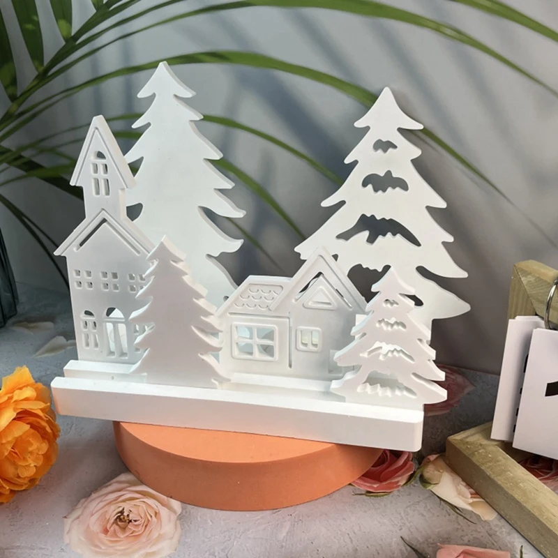 Christmas Tree And House Silicone Mold Set For DIY Cement Plaster Casting, House Tree Combination Decoration Mold Easy Install