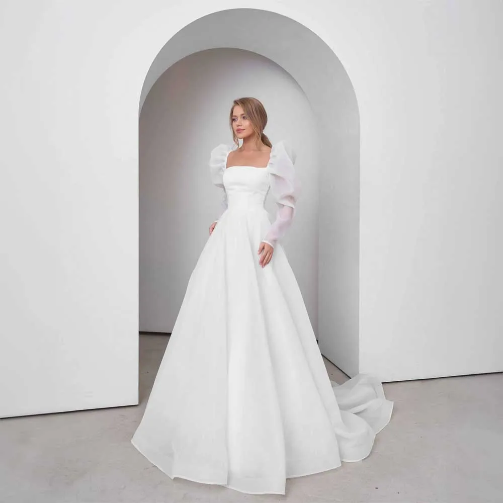 

Classic Chiffon Square Collar Wedding Dress A-line Court with Long Sleeve Wedding Gowns for Bridal robe de mariée