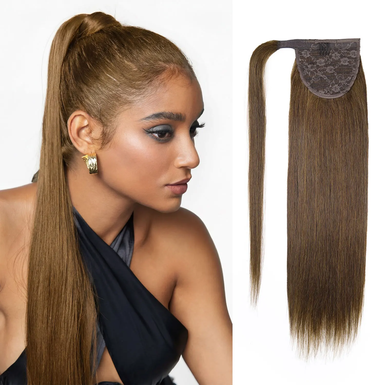 

# Натуральный прямой хвост из человеческих волос, 4 коричневых оттенка, с невидимой застежкой Magic Paste.