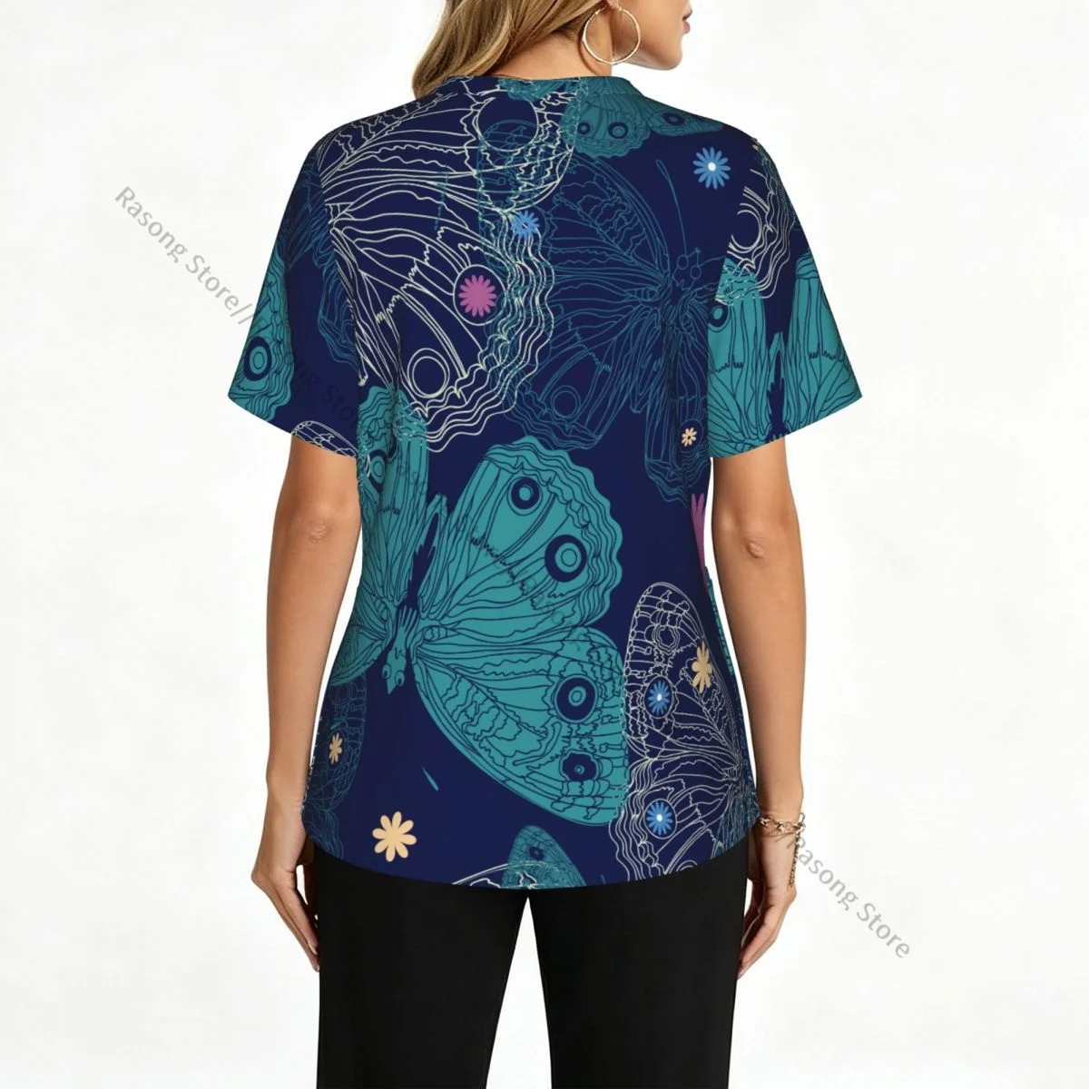 Women Scrubs Blouse Medical Nurse V-neck Clinical Scrubs Top Beautiful Butterfly Operating Room Work T-shirt