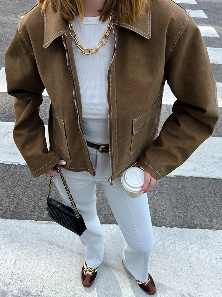

Female Suede Solid Color Lace Up Coats Lapel Maxi Sleeves Zipper Pocket Loose Jackets 2025 New Autumn Commuting Street Outerwear