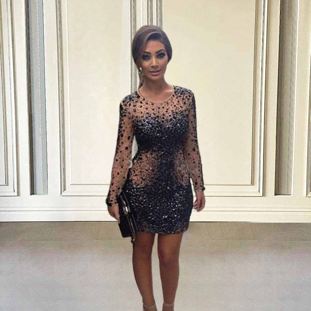 Sexy See Through Prom Dresses Short Black 2022 Long Sleeves Crystal Beads Mini Graduation Party Evening Dresses Plus Siz