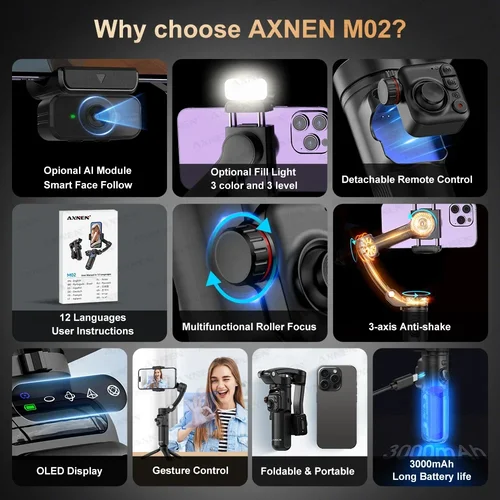 Imagen 2 del producto Estabilizador de cardán AXNEN M02 para teléfono inteligente, grabador de vídeo antivibración de 3 ejes, cardán para Selfie de mano para iPhone, Android, seguimiento facial