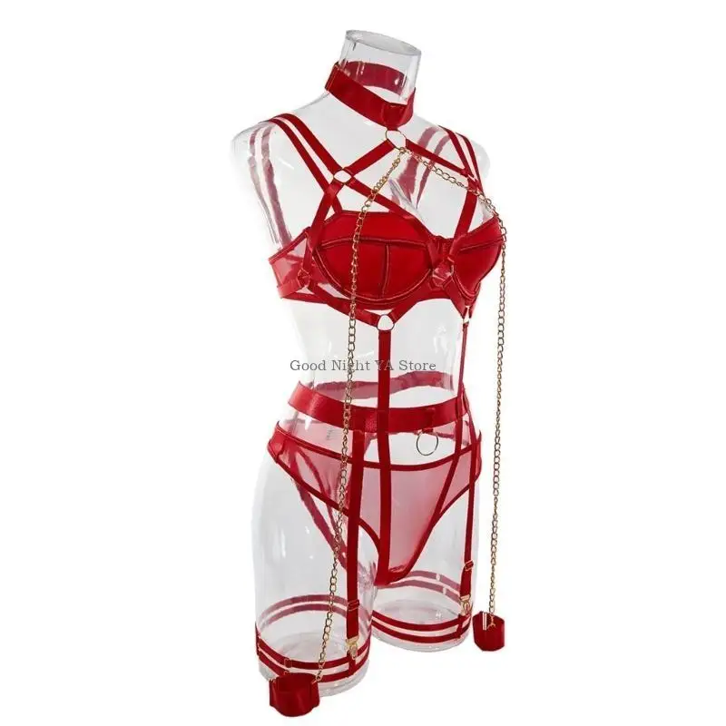 Mesh Lingerie Set Women with Garter Belt Strappy Lingerie Set Choker Bra Panty - Image 3