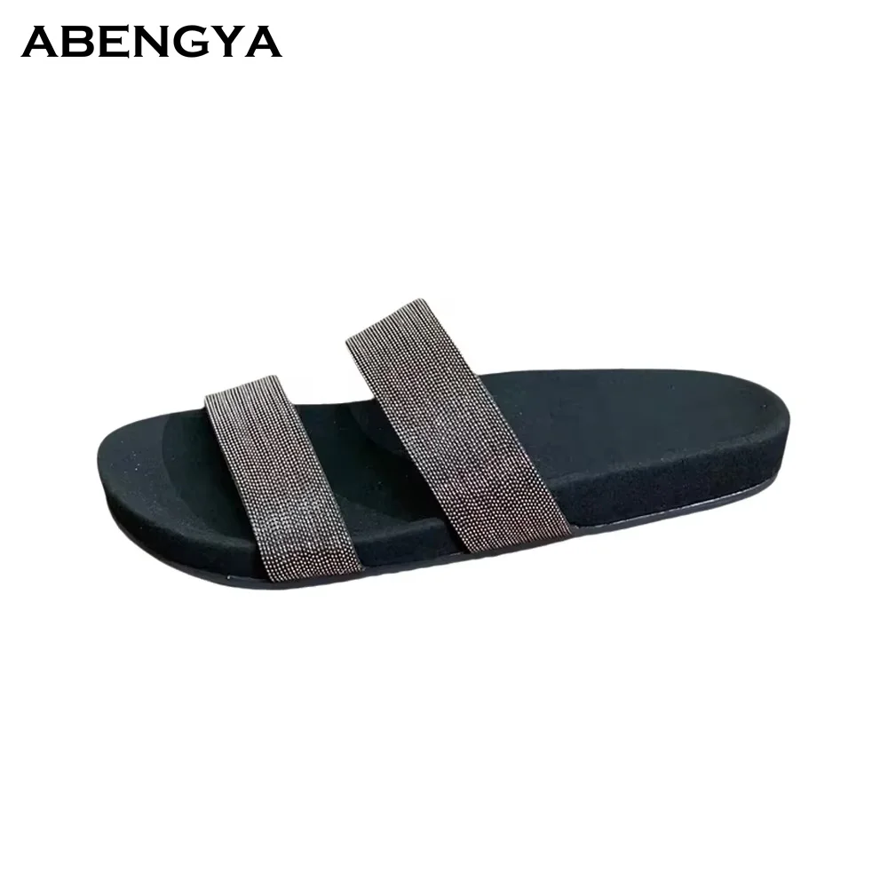 

Summer New Crystal Leather Flat Slippers Women Open Toe Mules Dress Flat Slides Designer Casual Party Beach Walking Shoes Women