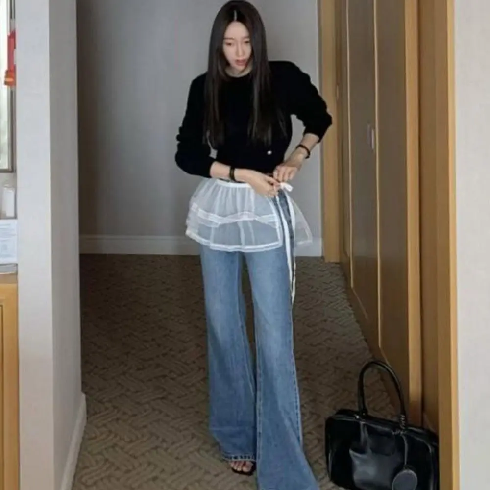 Mini jupe brodée en dentelle à fleurs, Streetwear Y2K, Harajuku, à volants, transparente, rideau de fesses, décoration en jean, nouvelle collection