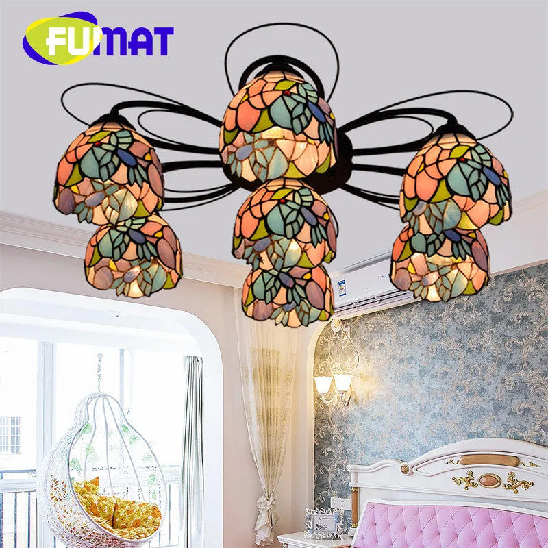 FUMAT Tiffany glass American style Bird flower multi-head pendant light deco restaurant Hotel bar bedroom aisle ceiling light