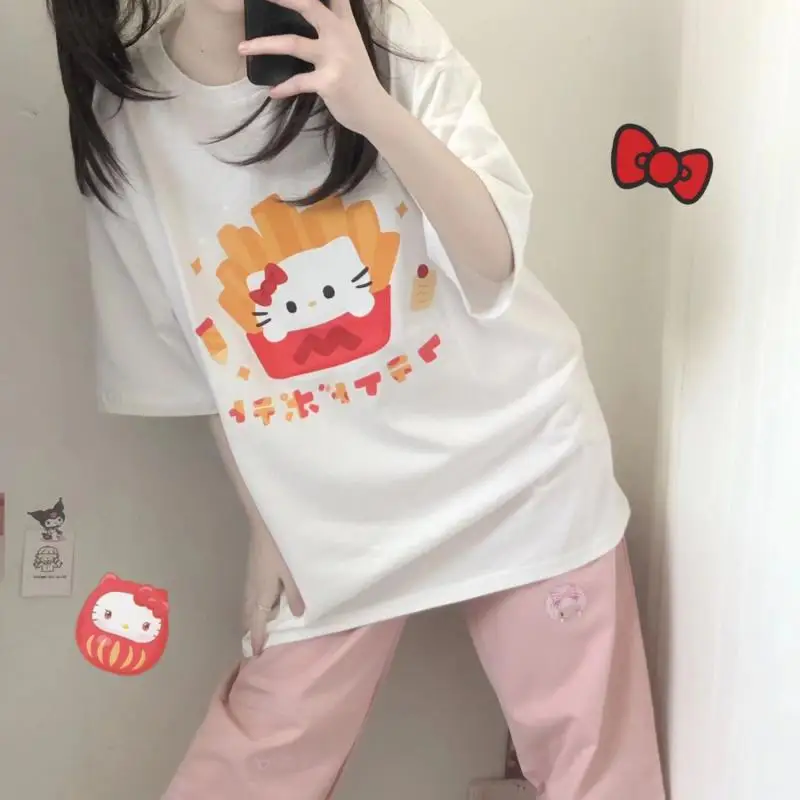 Kawaii Sanrio Fresh and Tender Summer Set Hellokitty Loose All-Match Short-Sleeved Casual Wide-Leg Pants Two-Piece Set