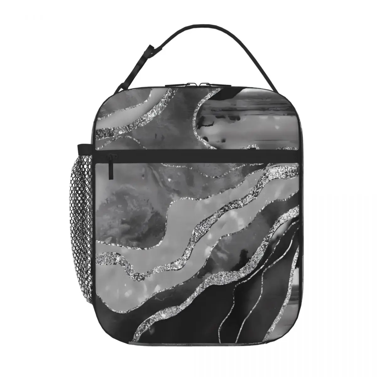 Bestselling Gray Black White Marble Agate Silver Glam Multi Pocket Lunch Bag Outdoor Construction Insulated Snack Tote
