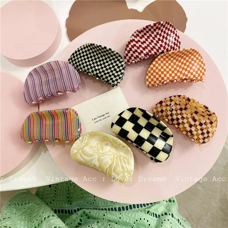 Hot Selling Acetate Hair Claw Medium Size Colorful Grid Plaid Stripe Hair Clip Shark Clips Girls Women Hair Accessories