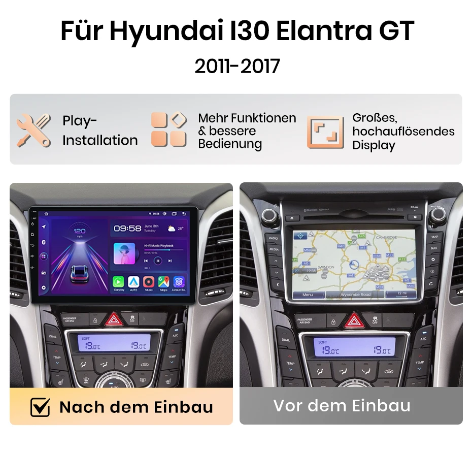 Junsun 9-Zoll Android 15 Autoradio für Hyundai i30 II Elantra GT 2011-2017, kabelloses Apple CarPlay, Auto-Bildschirm-Stereo-Multimedia-Videoplayer, intelligente Fahrzeugsysteme, 2-DIN Autoradio-Haupteinheit, GPS-Navigation, Bluetooth 4G, WLAN, FM, AMDSP, RDS, DAB+ – Detail 4