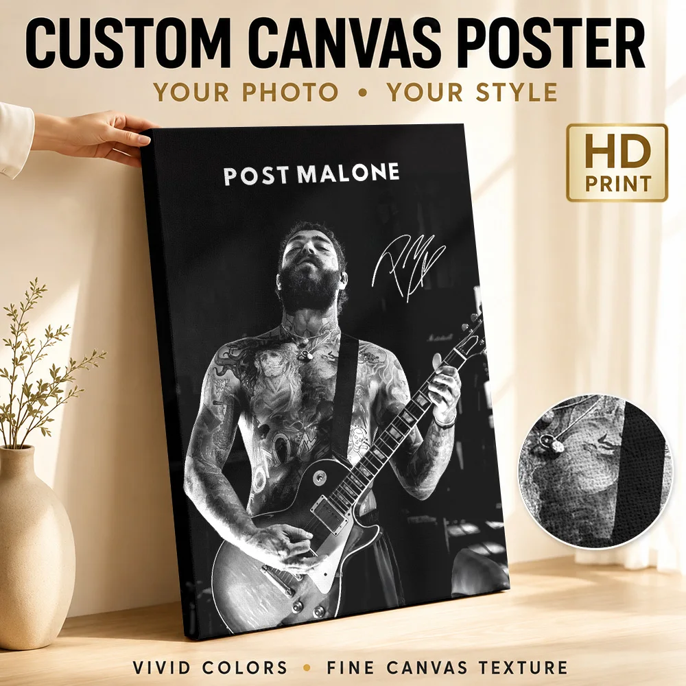 Post Malone Playing Electric Guitar Canvas Print Customized Photo High Contrast Monochrome Wall Art For Music Listening Room