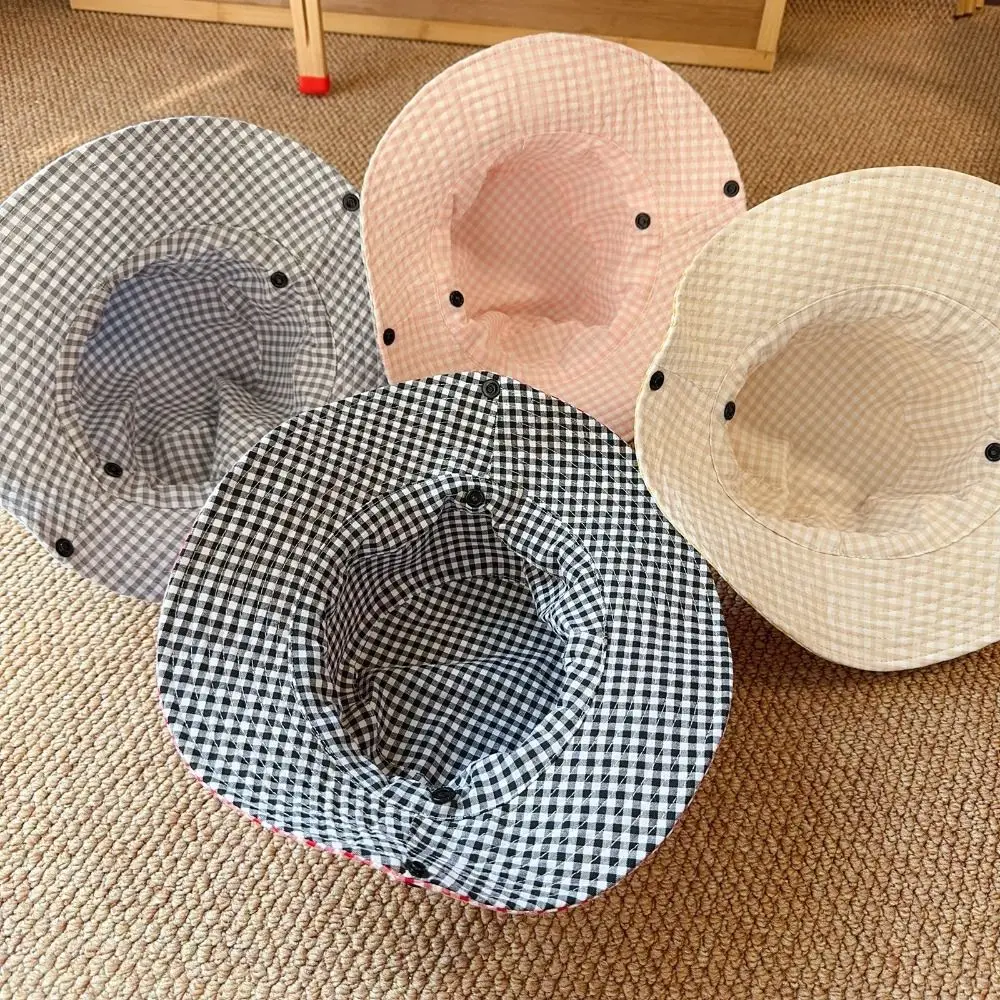 

Comfortable Drawstring Boys Girls Bucket Cap Lattice Double Sided Children Fisherman Hat Casual Anti-UV Baby Sun Hat Outdoor