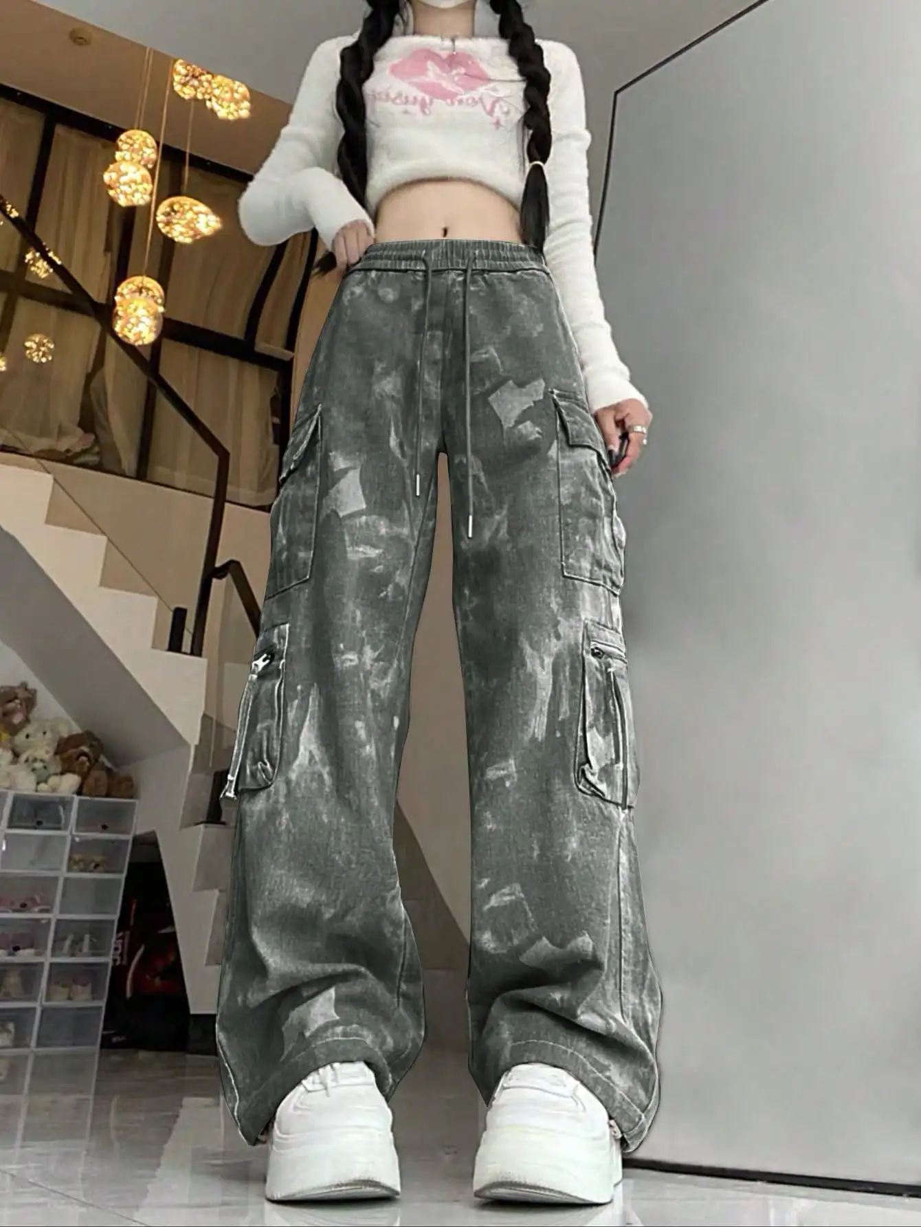 Women's Casual Sports Workwear Pants, High School Y2k Straight-leg Wide-leg Pants and Pocket Streetwear