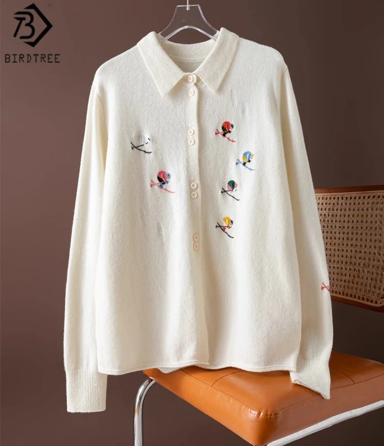 

Birdtree вязаный свитер из 100% овечьей шерсти с вышивкой, женские топы с длинными рукавами и лацканами, осенне-зимнее теплое белое пальто 2025 T59845JF