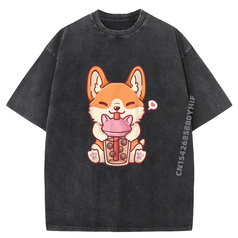 

Corgi Boba Tea Bubble Tea Kawaii Corgi Anime Grpahic Tee Shirts For Men Luxury Brands High Quality Washed Shirt