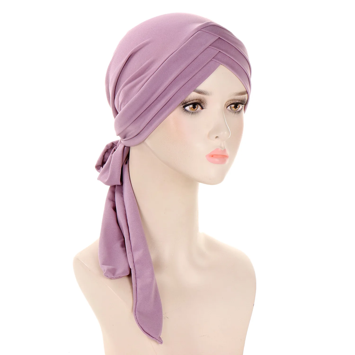 Solid Colored Triple Crossed Forehead Turban Hats Long Tail Tie Straps Hijab Hats Beanies Ramadan Chemo Cap For Women