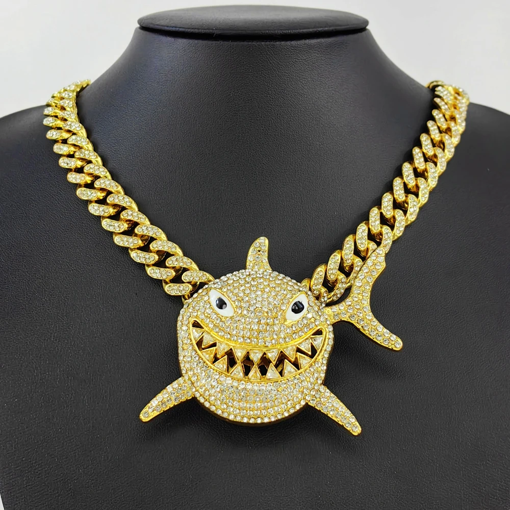 Hip Hop Iced out Full Crystal Big Shark Pendaant Necklace With13mm Cuban Chain HipHop Bling Necklaces Charm Jewelry For Man Gift