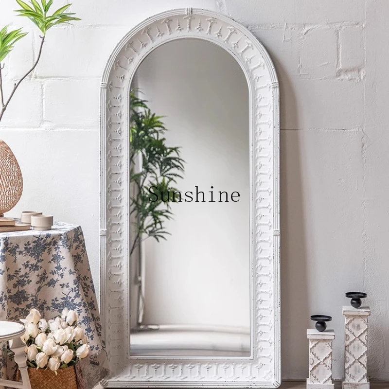 

French retro decorative mirror wall-mounted white cream wind porch dressing mirror