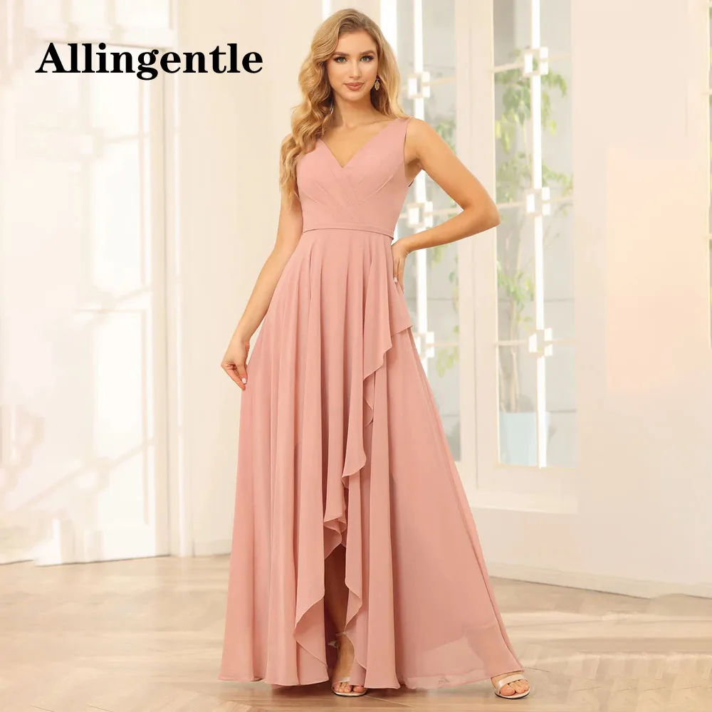 

Allingentle A-Line V-Neck Asymmetrical Bridesmaid Dresses with Ruffles Chiffon Sleeveless Elegant Formal Party Gown Floor Length