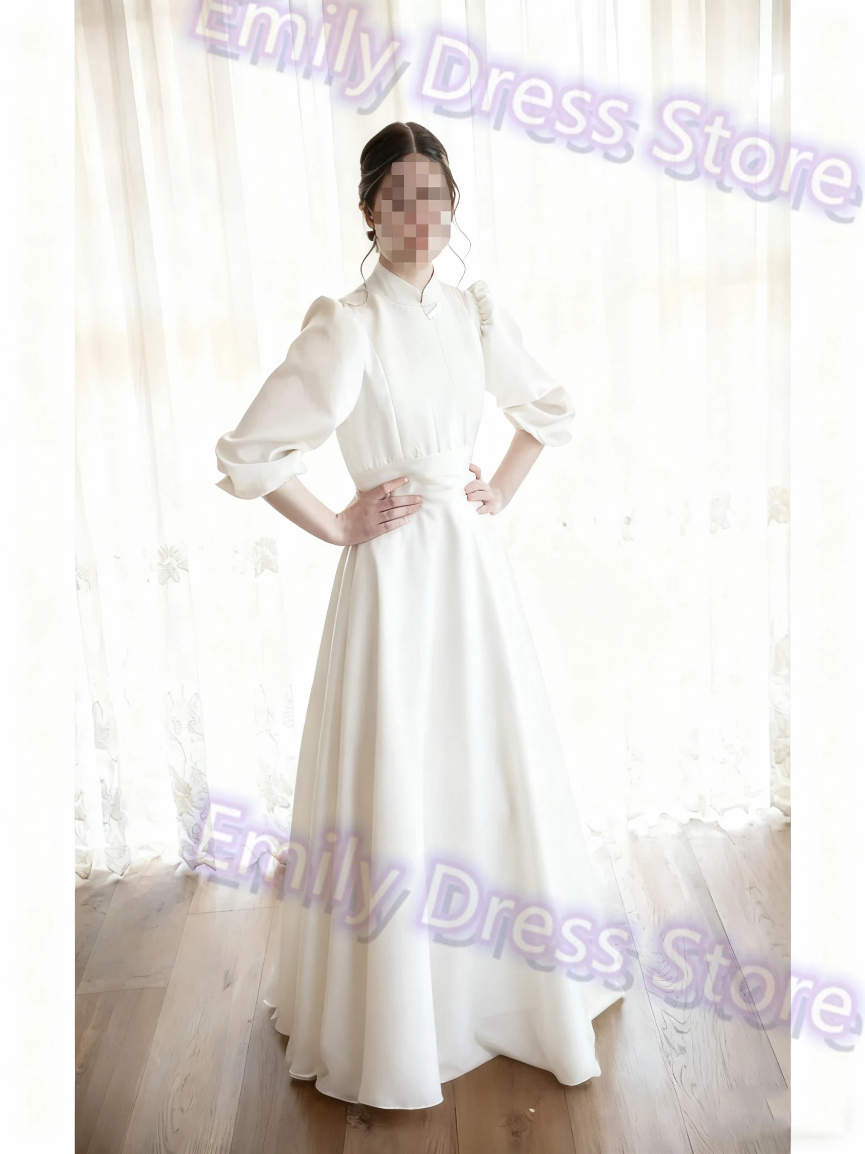 

Атласное вечернее платье цвета слоновой кости, женское платье с рукавами 3/4, длиной до пола, с высоким воротом, элегантное свадебное вечернее длинное бальное платье, трендовое пышное платье