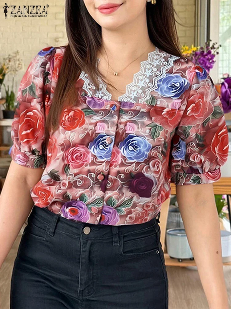 

ZANZEA Vintage Lace Tops Floral Printed Blouses Women Summer Short Sleeve V Neck Blusas 2025 Casual Loose Bohemian Tunic
