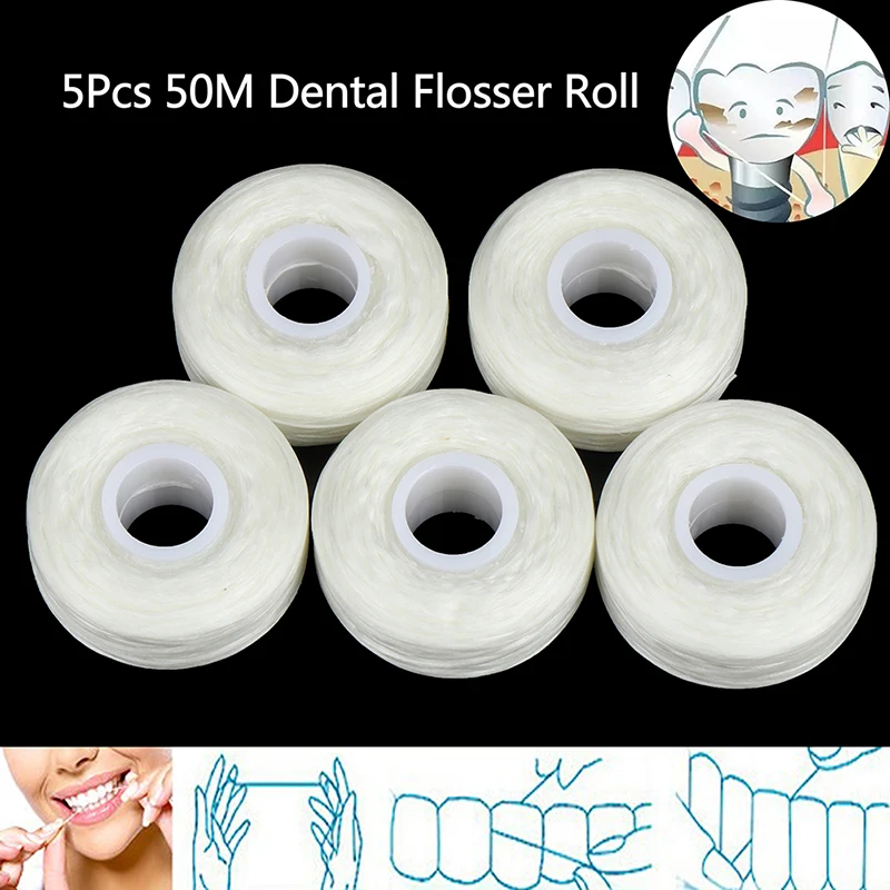 5Roll 50m Dental Flosser Teeth Cleaning Mint Flavor Tooth Wax Oral Hygiene Floss