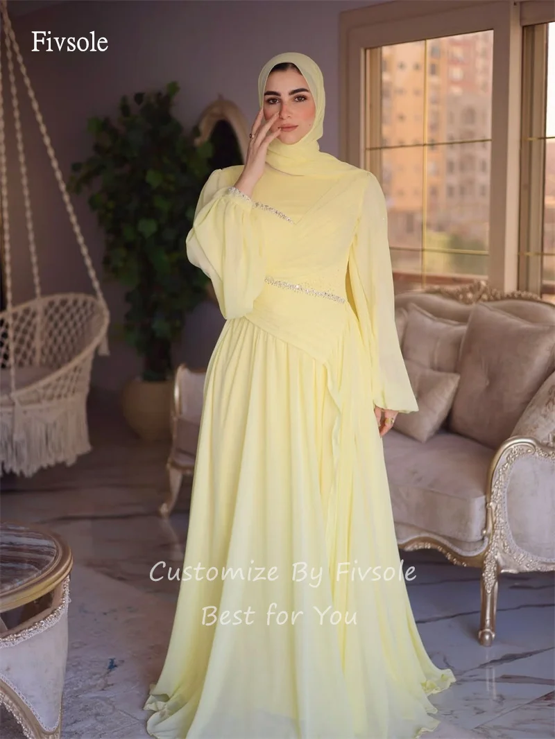 Fivsole イエロー ハイネック ビーズ A ライン プロムドレス シフォン 長袖 イード パーティー ドレス フロアレングス イブニング ドレス カスタマイズ