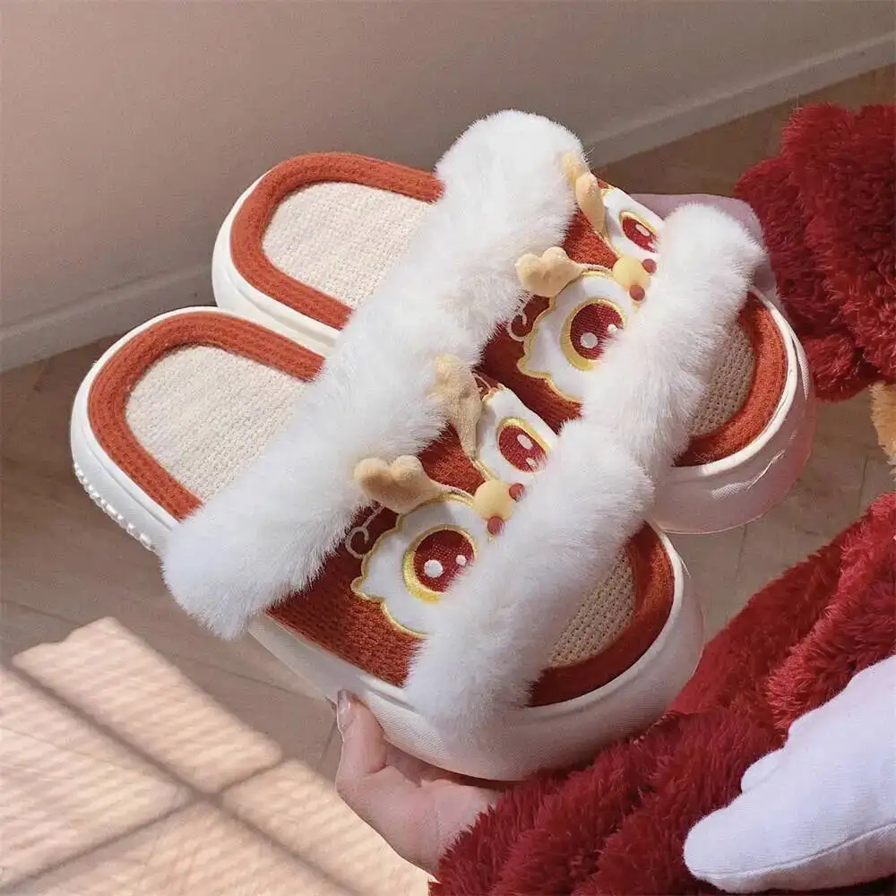 

Home Slippers Chinese Trend Lion Dance Linen Slippers For Women Four-Season Stylish Home Anti Slip Thick Soled Cotton Slippers