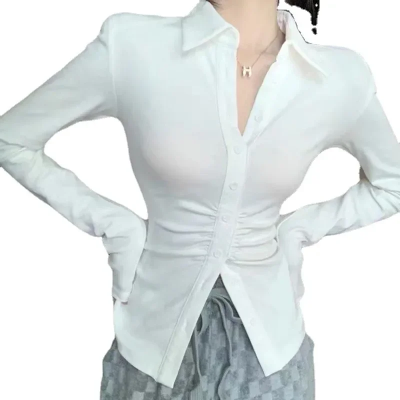 Sexy Shirts Skinny Grey Y2k Long Sleeve Pleated Tops Elegant Chic Korean Fashion Streetwear Office Ladies Blouses New