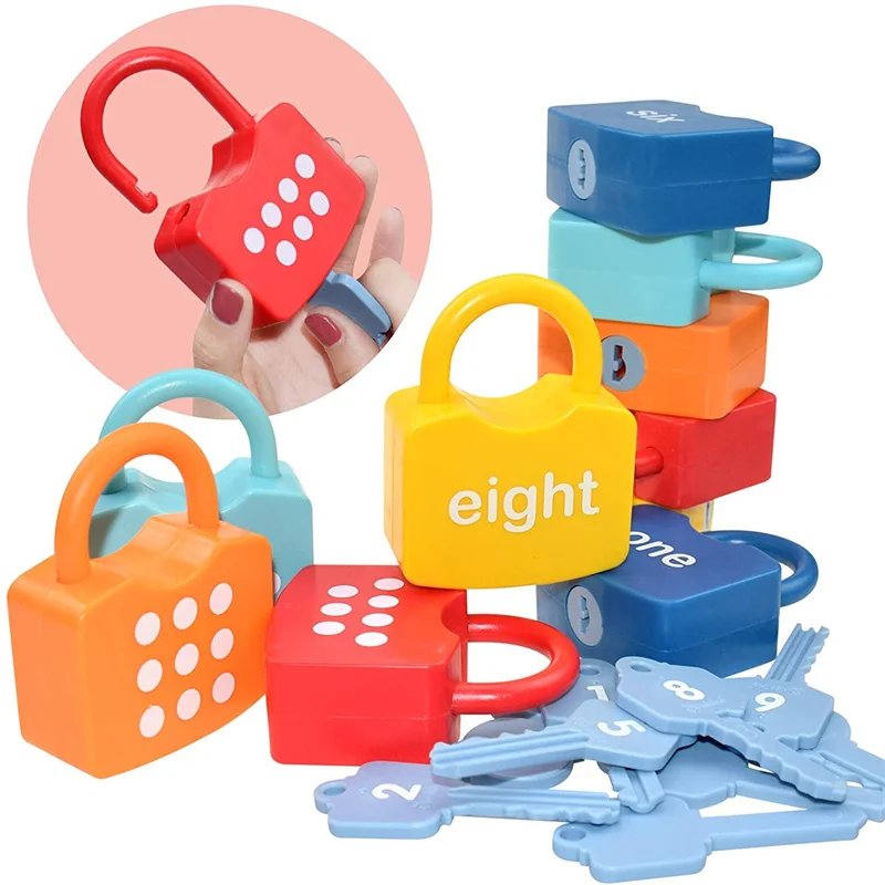 Juego de llaves de bloqueo del alfabeto para niños, 10 piezas, cerraduras de coche, Montessori, educativo, número a juego, cognición de palabras, juguetes de matemáticas