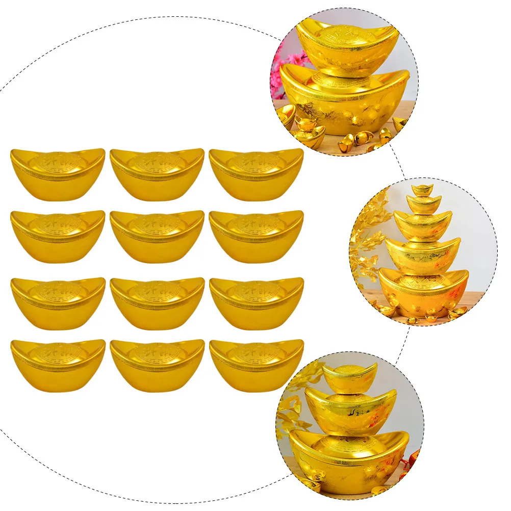 

12 Pcs Gold Ingot Ornament Decor Yuan Bao Decorate Toy Figurine Plastic Fake Weight Home Artificial