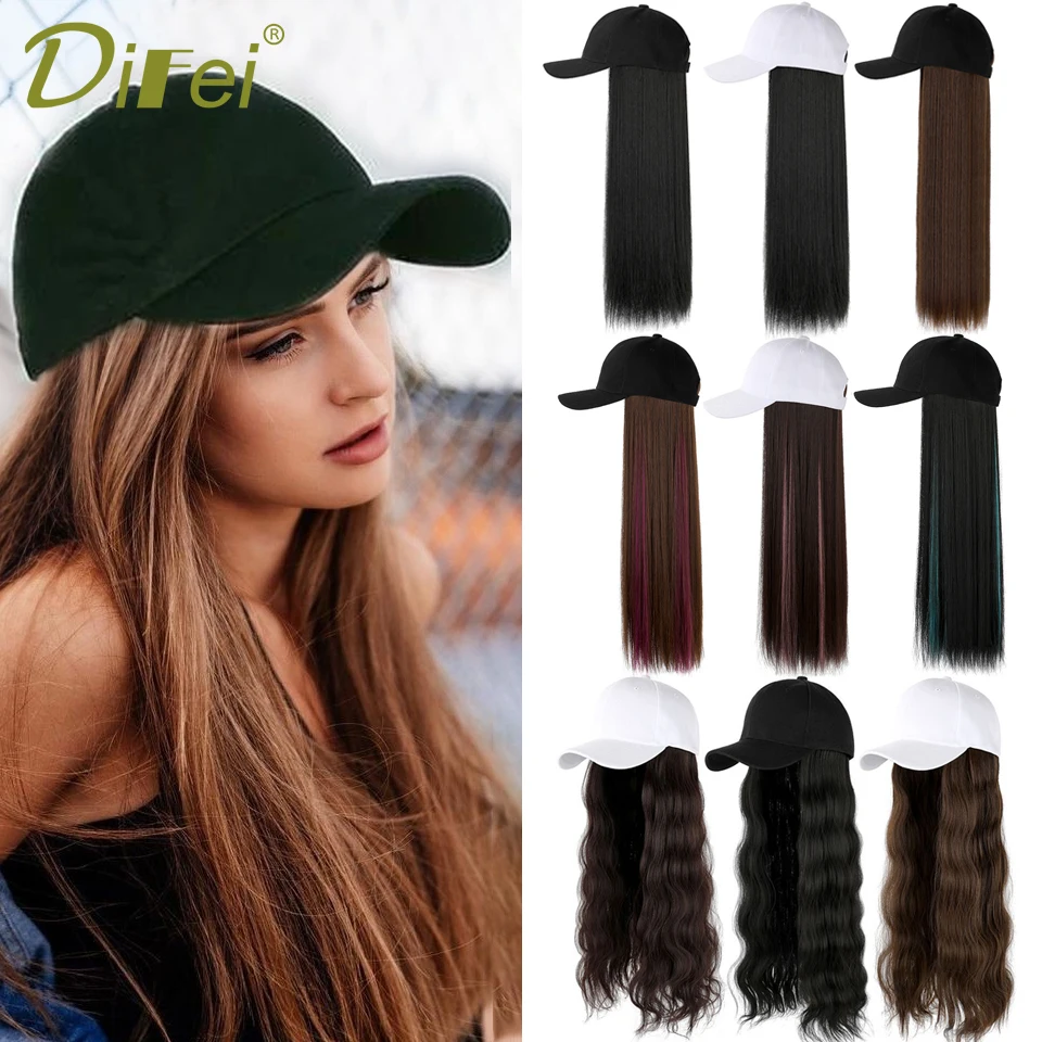 Synthetic Long Straight Hair Wigs Cap Baseball Hat With Hair Attached Hair Extension One Piece  Seamless Connection Wig Hat Adju