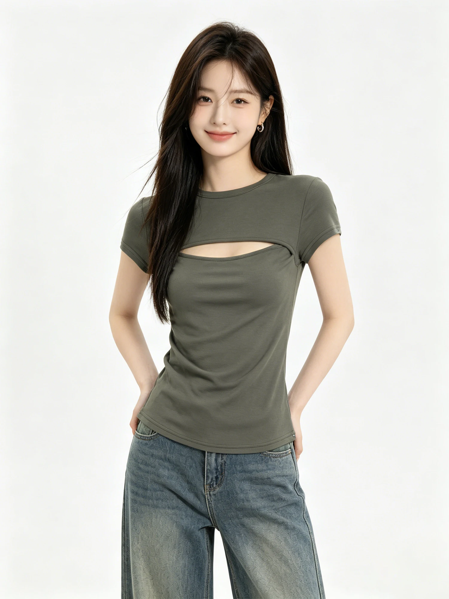 Unique Hollow out Short Sleeve T-Shirt Women's Fashionable Slim Fit Two-Sided Wear Summer 2026 New Style Age-Defying Top