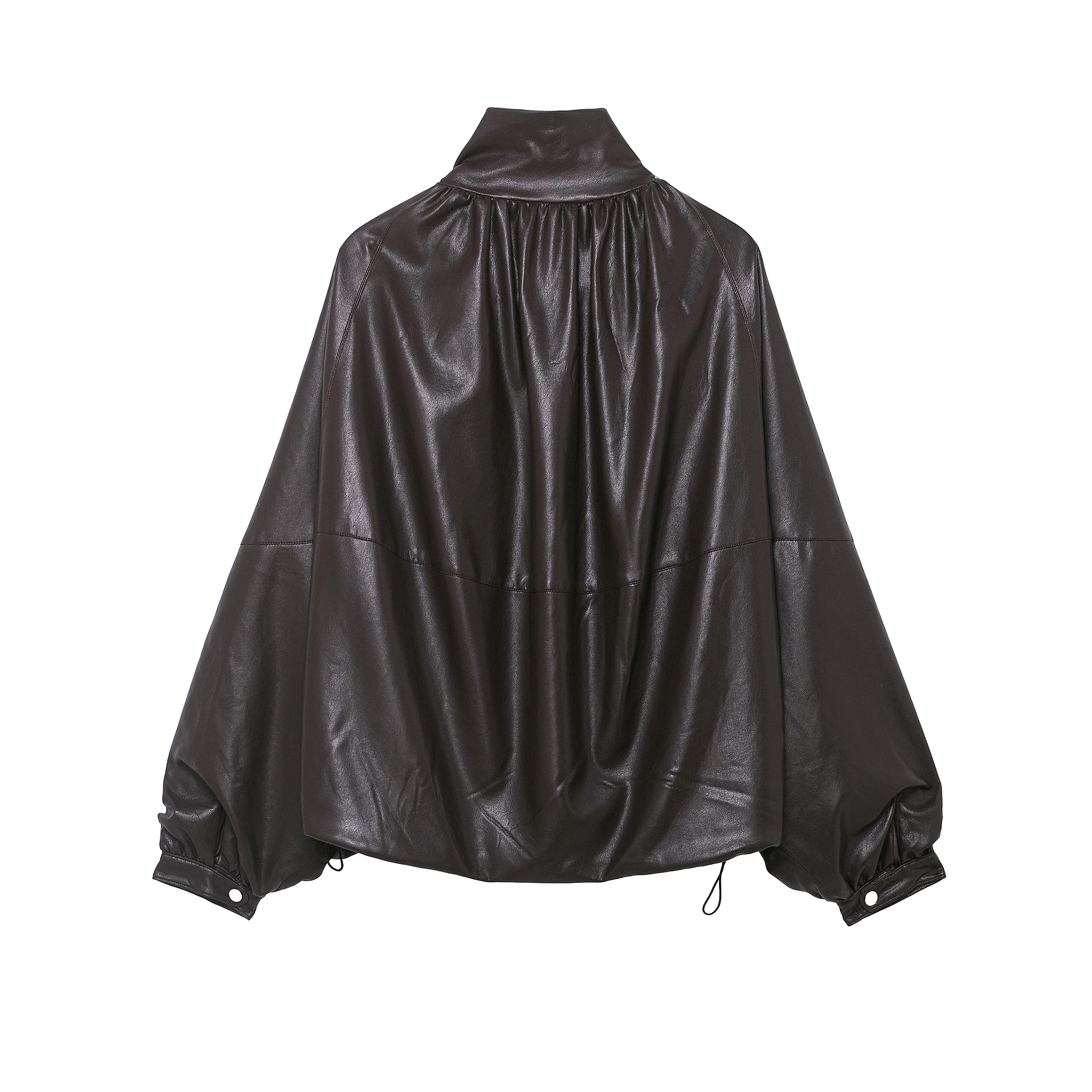 เสื้อแจ็คเก็ตบอมเบอร์ผู้หญิงแฟชั่น PU สีน้ำตาล จีบระบาย คอสูง แขนยาว สไตล์ลำลอง สวยสง่า ทันสมัย