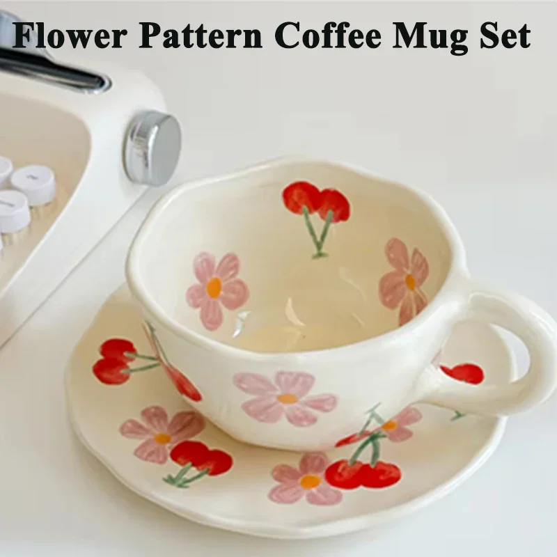 Flower Pattern Coffee Mug Set Painted Ceramic Coffee Cute Girl Water Hand-painted Underglaze Color Mug Gift for Festivel Present