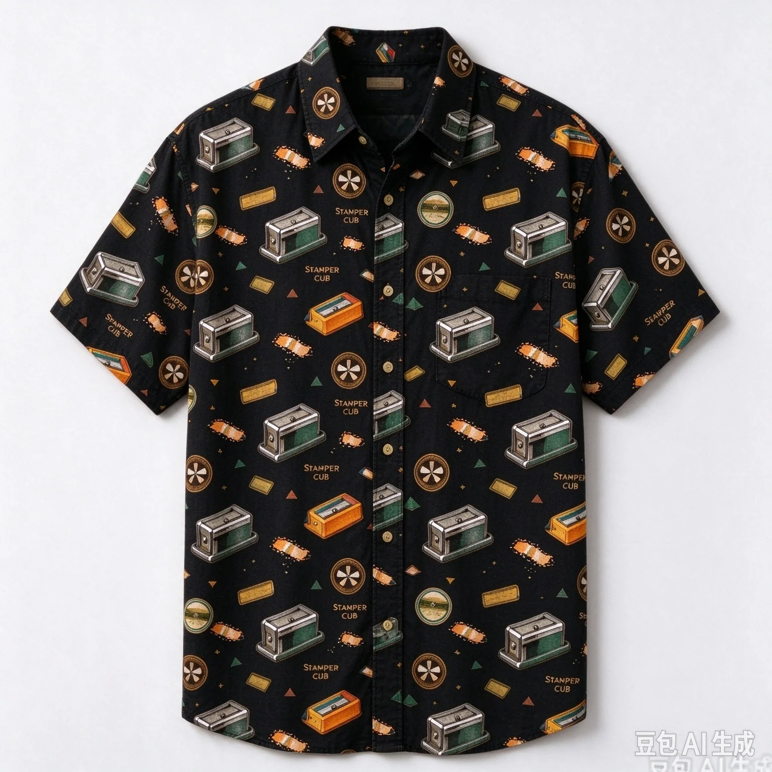 Men Women Unisex Allover Pencil Sharpener Print Short Sleeve Shirt, Vintage Stationery Pattern Button Down Tops, Loose Fit Cotto