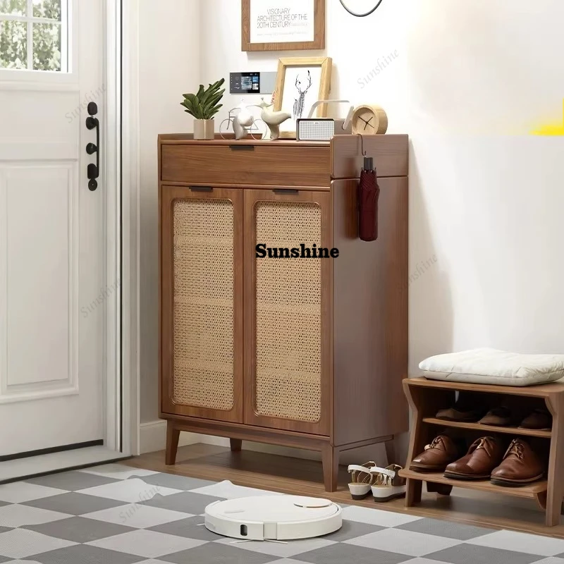 Small apartment pure solid wood door shoe cabinet multi-functional with lock entrance rattan storage integrated against the wall