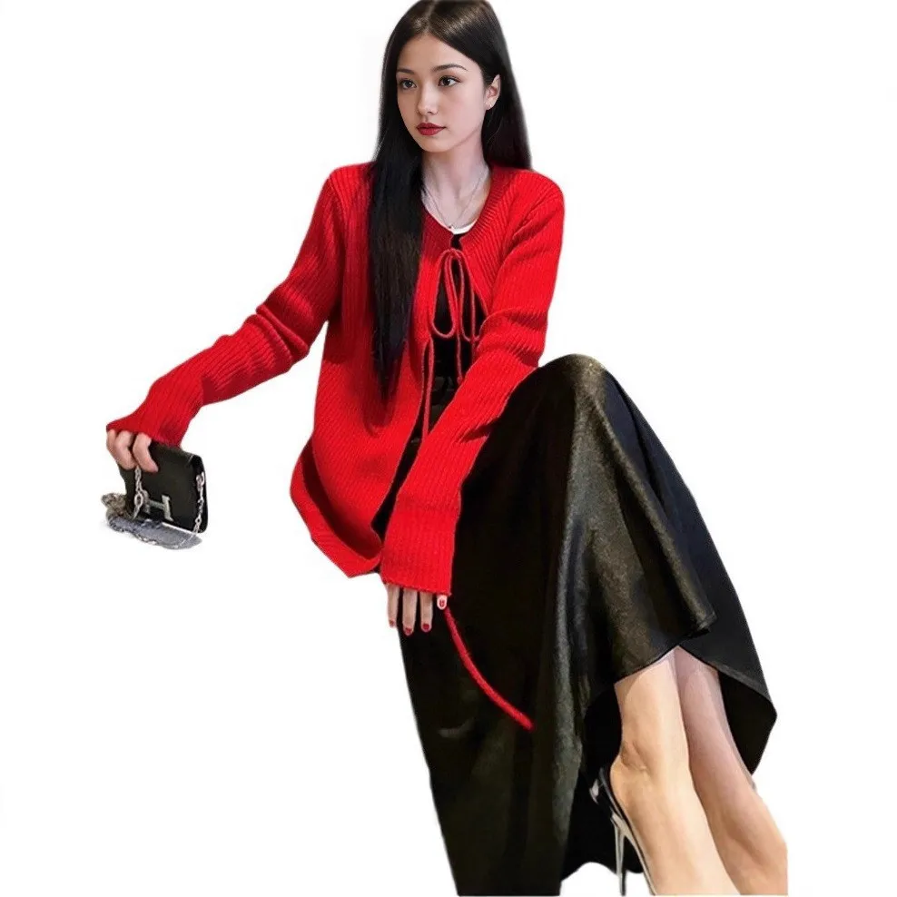 2026 New Autumn Women Red Knit Cardigan Thin Outerwear Tie Unique Design Chic Short Top Petite Figure Elegant Ladies Outer Coat