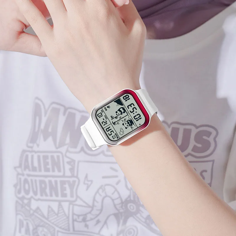 

AL60Электронные часы с квадратным градиентом и рисунком панды — тренд водонепроницаемости для улицы для подростков и студентовМужские часы