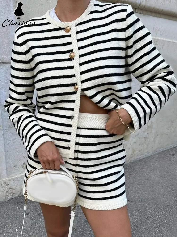 

Spring Women's Sweater Set Striped Crew Neck Cardigan 2 Piece-set Elastic-waist Striped Shorts Single-breasted Knit Sweater
