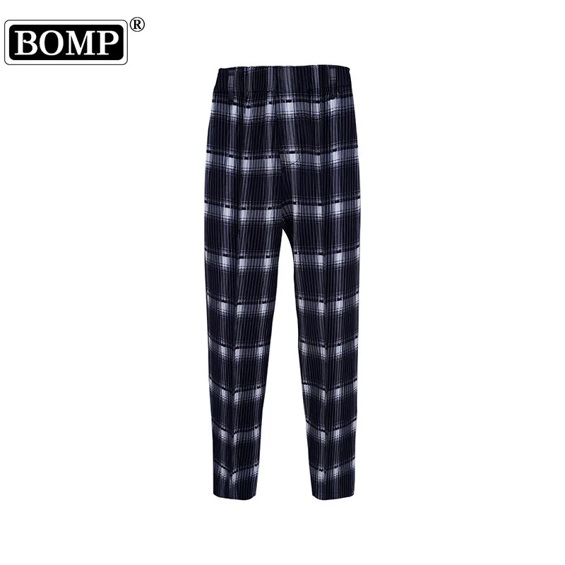 [bomp] 2024 Autumn New July Men's Checkered Casual Pants With Wrinkles Small Feet, Long Fashion