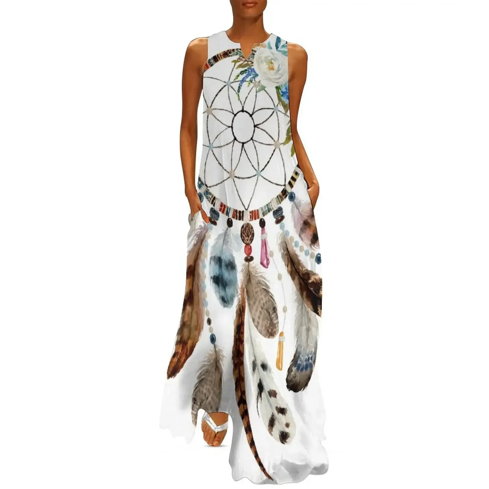 

Colorful flowers and feathers tribal dream catcher Long Dress fairy dress Summer women's clothing Woman's evening dress