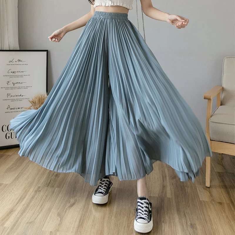 Cheap Wholesale 2021 Spring Summer Autumn New Fashion Casual Women Culottes Woman Female OL Wide Leg Pants Cute Chiffon Trousers