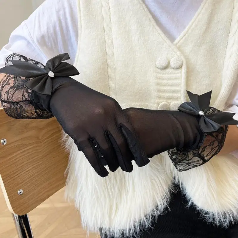 1 زوج فتاة بقماش شفاف الدانتيل تقليم قفازات الحلو الشريط القوس رقيقة نصف واضح قفازات لوليتا نمط تول قفازات مأدبة آداب ديكور #2